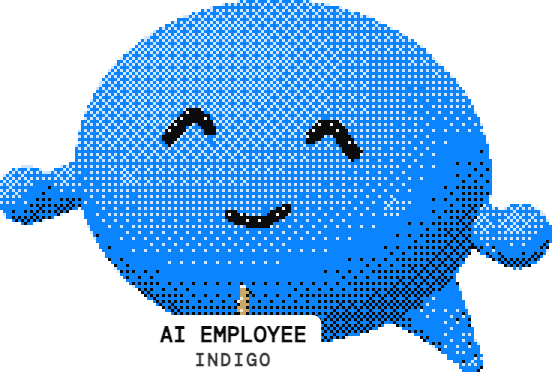 Blue, Indigo's AI employee, looking proud