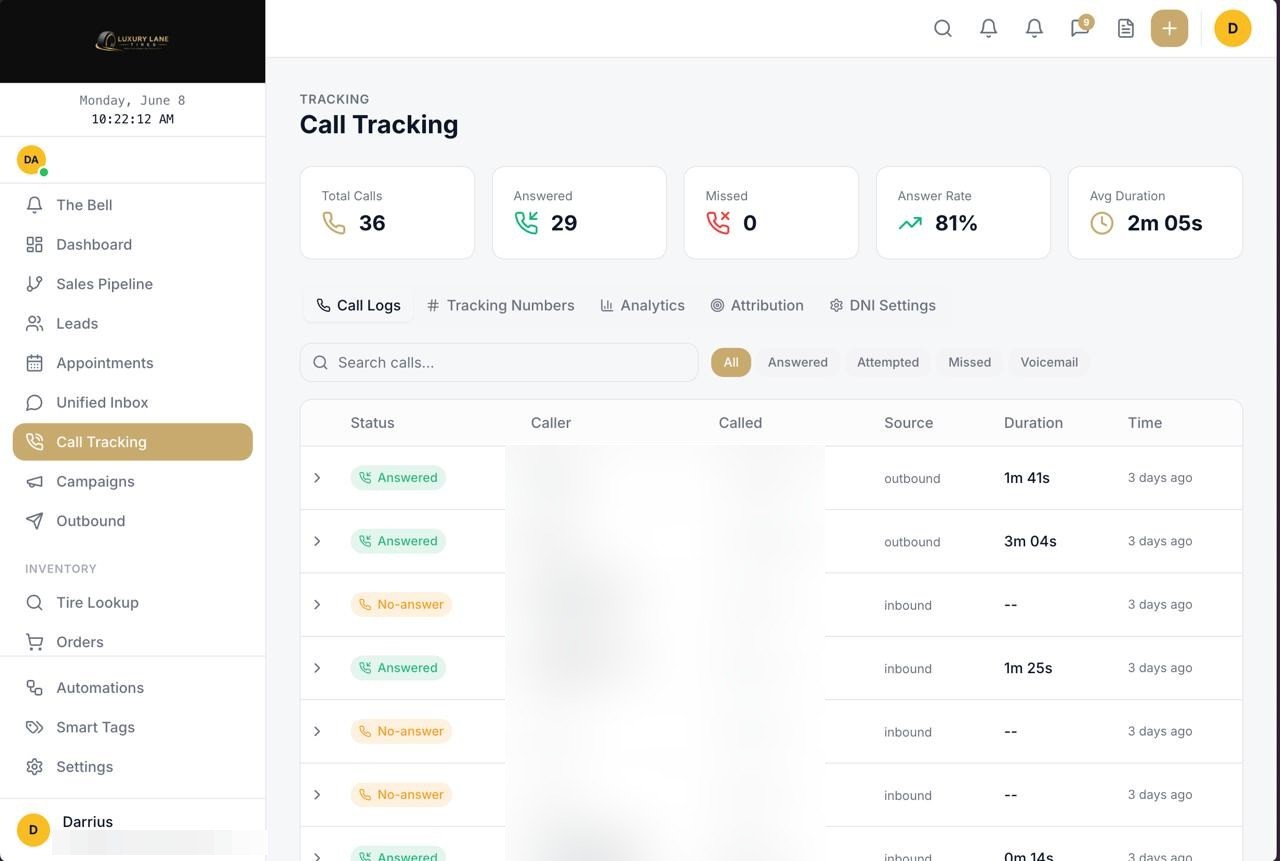 LuxuryLane call tracking interface