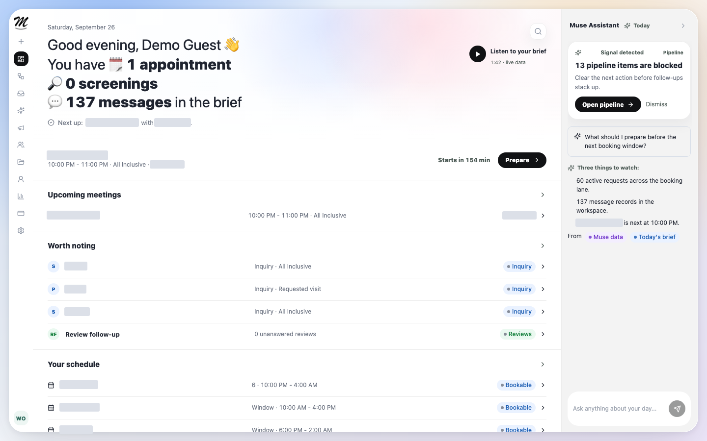 Current Muse Preview demo workspace screenshot with private details obscured